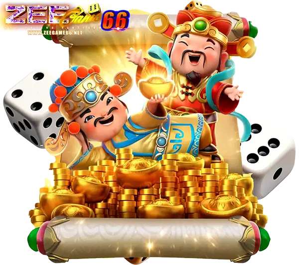 ZEEGAME66 ภาพตัวการ์ตูนเทพเจ้าโชคลาภและเด็กน้อยนั่งบนแท่นทอง ล้อมรอบด้วยเหรียญทองและลูกเต๋า สไตล์สล็อตคาสิโนออนไลน์