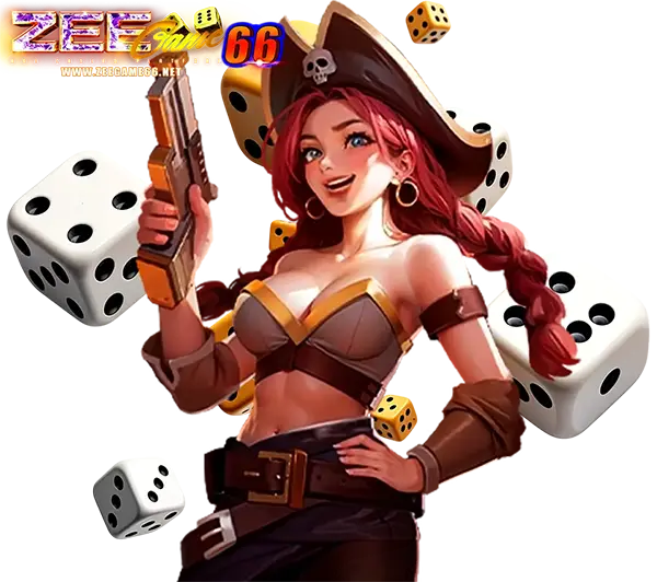 ZEEGAME66 ภาพตัวละครหญิงแนวคาวบอยถือปืน ล้อมด้วยลูกเต๋าและเหรียญทอง สไตล์สล็อตคาสิโนออนไลน์แนวผจญภัย