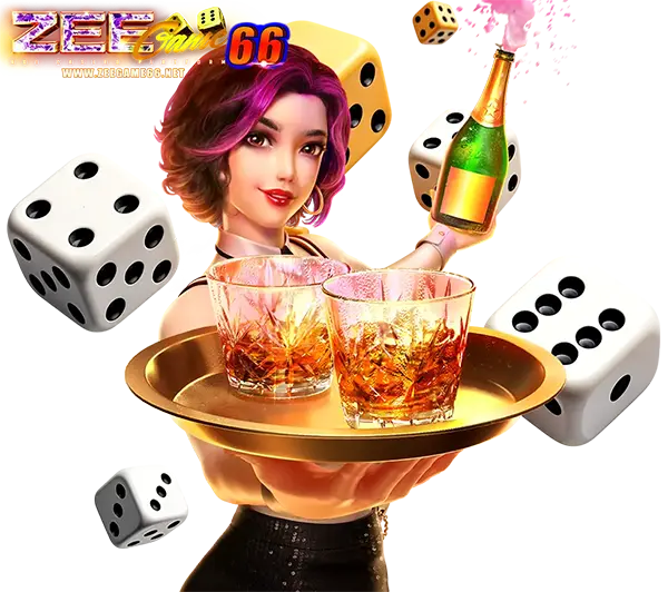 ZEEGAME66 ภาพตัวละครหญิงแฟนตาซีเทเครื่องดื่มลงในถ้วยทอง ล้อมรอบด้วยลูกเต๋า สไตล์สล็อตคาสิโนออนไลน์แนวปาร์ตี้