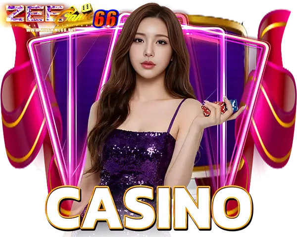 ZEEGAME66 ภาพหมวดคาสิโน ผู้หญิงชุดเดรสสีม่วง พร้อมตัวอักษร CASINO ด้านล่าง โทนม่วงทองสไตล์เว็บคาสิโนออนไลน์