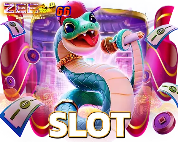 ZEEGAME66 ภาพเกมสล็อตปลาแฟนตาซีสีเขียวท่าทางสนุกสนาน พร้อมตัวอักษร SLOT เด่นด้านล่าง โทนม่วงสดใสสไตล์คาสิโนออนไลน์