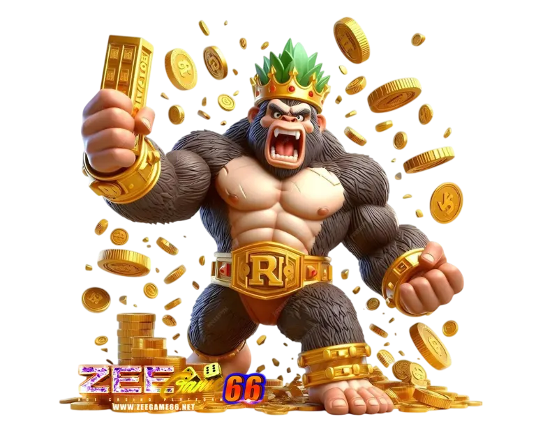ZEEGAME66 ภาพตัวการ์ตูนเทพเจ้าโชคลาภและเด็กน้อยนั่งบนแท่นทอง ล้อมรอบด้วยเหรียญทองและลูกเต๋า สไตล์สล็อตคาสิโนออนไลน์